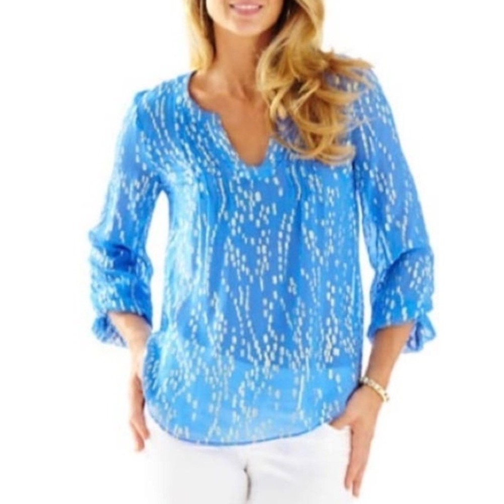 Lilly Pulitzer Colby Silk Blend Gold Metallic Dot V-Neck Blouse Sheer Blue XS - Picture 1 of 7